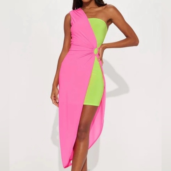NEW Chic Pink and Lime Green One-Shoulder Dress - Picture 1 of 3